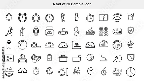 A collection of fifty monochrome line icons depicting various objects symbols and concepts arranged in a grid format high quality professional detailed modern elegant stylish clean