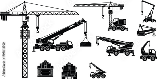 Set of construction crane silhouette icons including tower, mobile, truck-mounted, and crawler cranes with hooks and cables