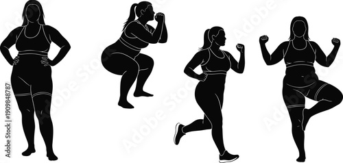 Set of 4 fitness silhouette icons showing athletic poses including neutral stance, squat, lunge, and high knee exercise
