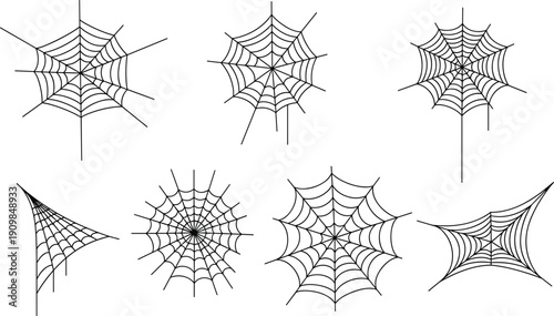 Silhouettes of seven spider web designs with varied symmetry, density, and artistic patterns for decoration and design themes