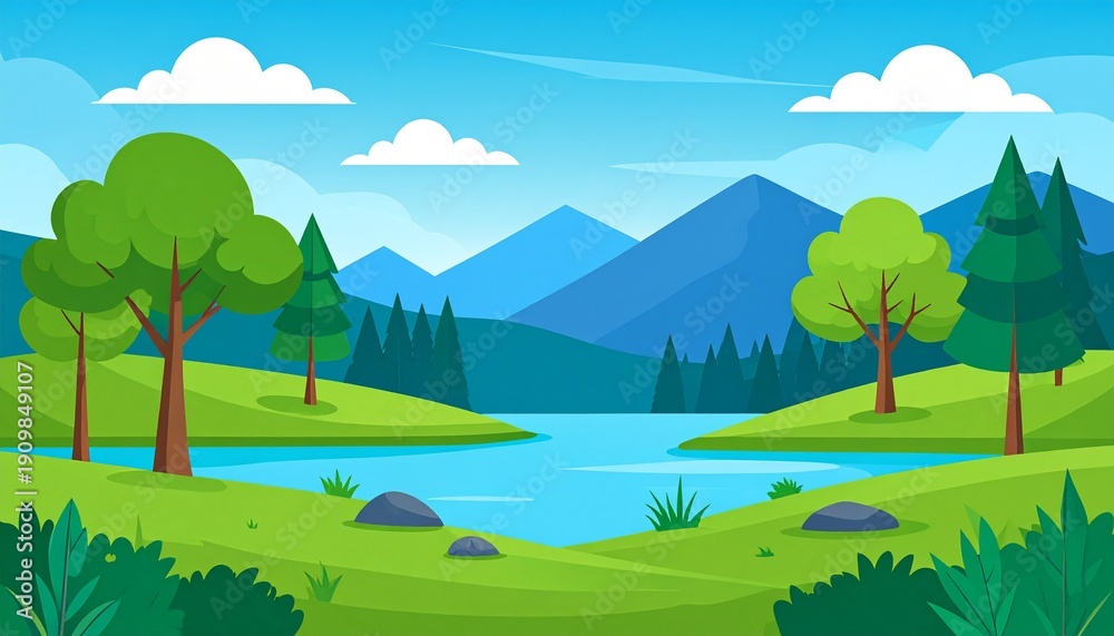 Fototapeta premium Serene mountain lake landscape with lush greenery and clear blue sky summer nature scenery