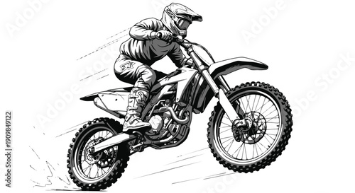 Black and white illustration of a motorcyclist riding a dirt bike