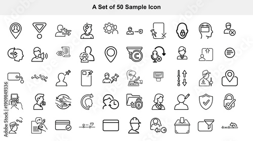 A collection of fifty simple black and white outline icons displaying various objects and representations of people and concepts high quality professional detailed modern elegant stylish