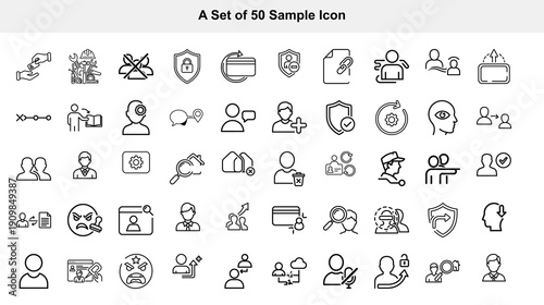 A collection of fifty simple black outline icons depicting various concepts like people security communication and common objects high quality professional detailed modern elegant stylish clean