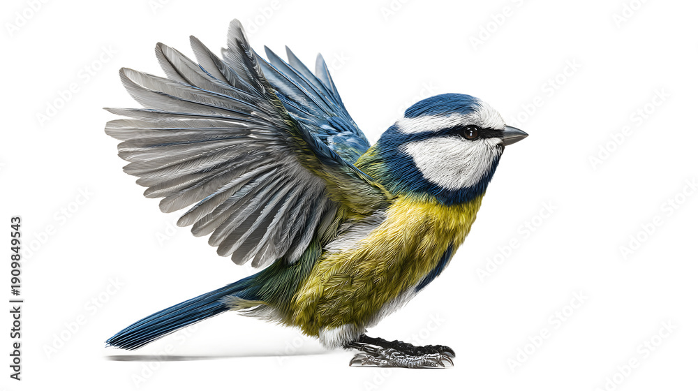 Fototapeta premium A blue tit perched on a surface with its wings spread wide isolated on transparent background