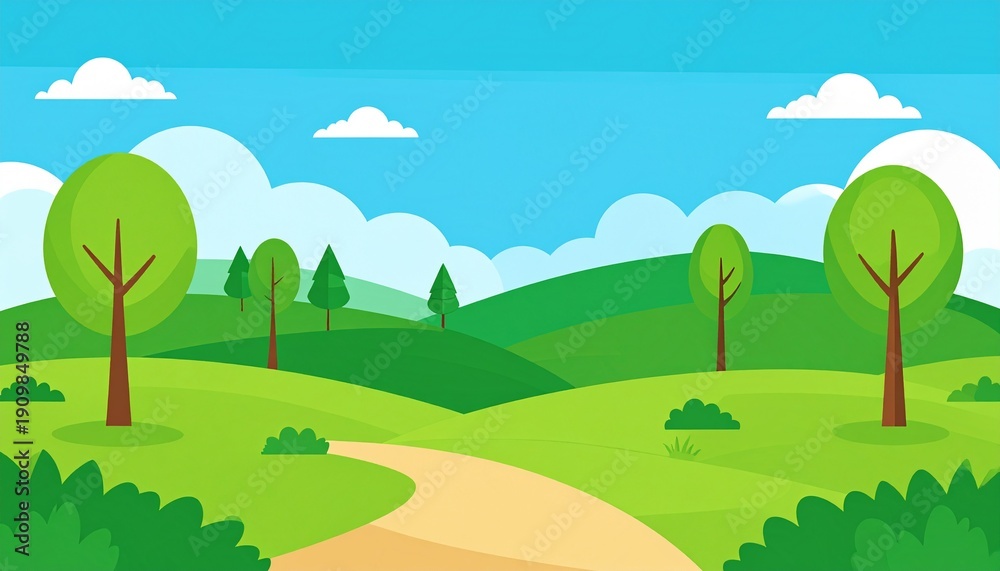 Fototapeta premium Scenic countryside landscape with winding path green trees blue sky summer nature illustration