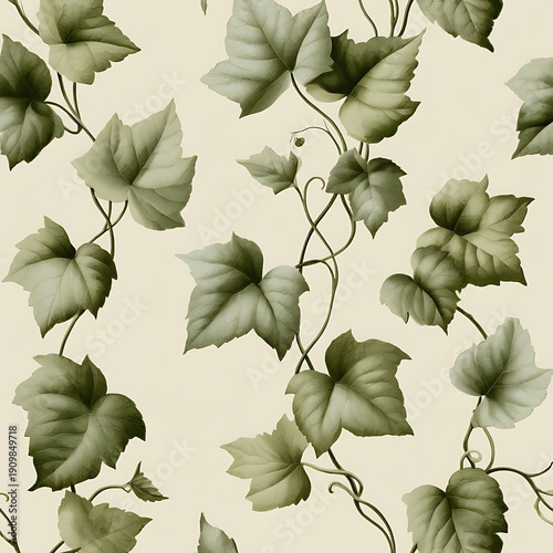 Elegant Green Ivy Leaves Pattern on Neutral Background for Interior Design and Decorative Use