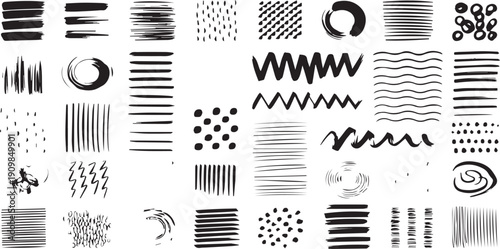 A versatile collection of black and white hand-drawn doodle symbols including crosses, spirals, arrows, infinity, lightning, and grids for diverse design needs.