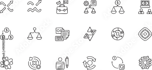 Set of Minimalist Business and Financial Icons Featuring Line Art Symbols for Market Strategy Legal Justice Cash Flow and Corporate Management Graphic Elements