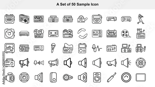 A collection of fifty monochrome line icons depicting various vintage audio and media devices in a grid arrangement high quality professional detailed modern elegant stylish clean