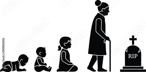 Silhouettes depicting stages of human life from infancy to old age with gravestone symbolizing mortality for conceptual design themes