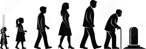 Silhouettes depicting stages of human life from childhood to adulthood, old age, and death with gravestone for conceptual design themes