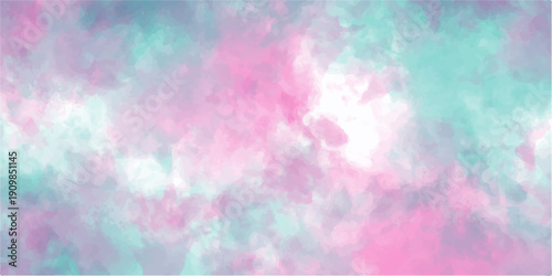 Abstract pastel watercolor background with pink and turquoise clouds and soft ethereal smoke texture wash. abstract colorful watercolor background