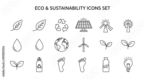 Minimalist line art icons depicting essential elements for plant growth like water drops and seedlings on transparent background