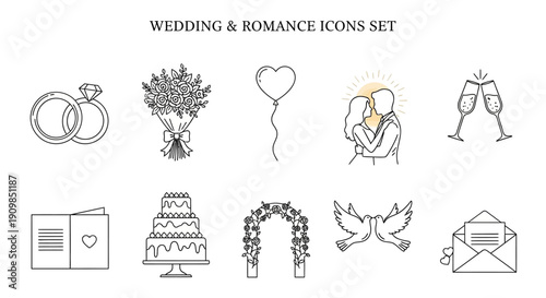 A beautiful collection of elegant white line art icons representing wedding celebration elements and romantic occasions on transparent background