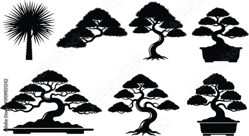 Bonsai tree silhouettes collection, japanese garden plants set, zen nature design, ornamental trees, black vector illustration pack