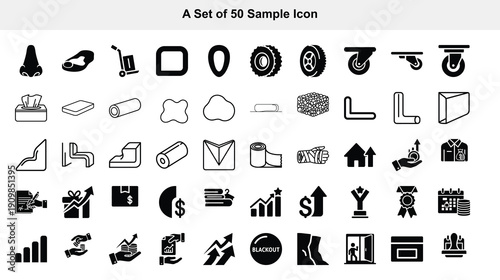 A collection of fifty diverse black and white icons depicting various objects and symbols arranged in a grid like pattern high quality professional detailed modern elegant