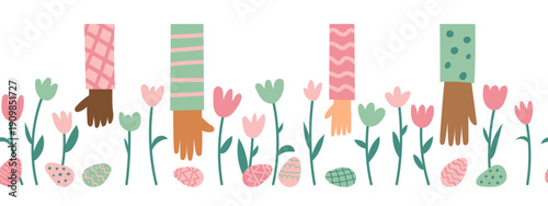 Cute Easter egg hunt seamless border with flowers, colorful eggs and reaching hands. Family  and friends fun concept. Vector flat illustration.