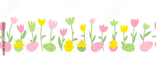 Cute Easter handdrawn seamless border with spring flowers, decorated eggs and baby chicks. Holiday background for greeting cards, invitations and seasonal design. Vector flat illustration.