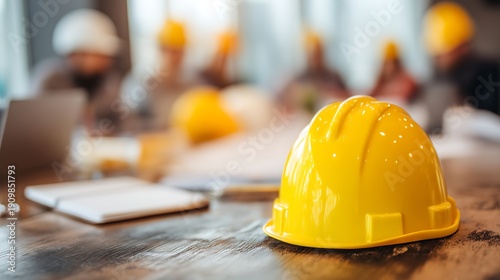 Bright yellow safety helmet placed on a wooden table with blurred construction team in the background during a meeting