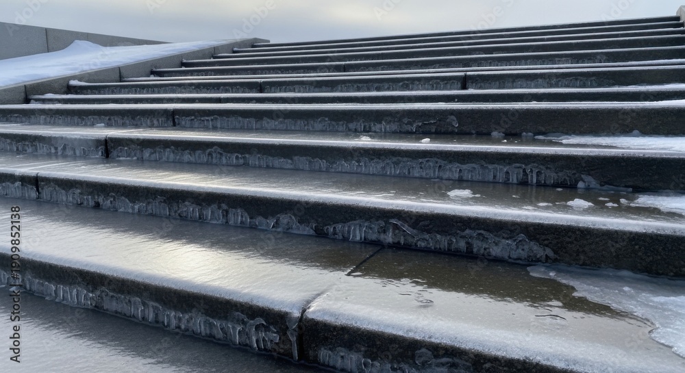 Obraz premium Snowy Steps - A Detailed View of Winters Icy Embrace.