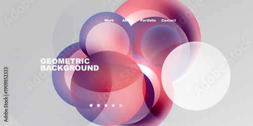 Abstract geometric shapes overlap, creating vibrant color gradients. Text labels indicate website navigation options. Minimalist design with dark background.