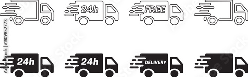 Fast Delivery Truck Vector Icon Set: Shipping and Logistics Symbols featuring 24h Service, Free Delivery, and Express Transport for E-commerce & Shopping Websites
