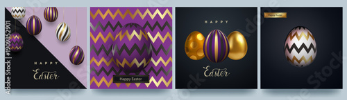 A set of Easter cards, website banners, posters, flyers, and covers. Stylish design with gold embossing. 3D Easter eggs in gold and purple. Vector illustration.