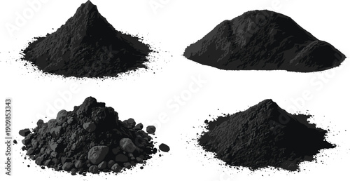 Silhouettes of four piles of granular materials with varied textures and compositions for industrial, scientific, and design themes