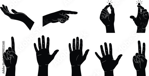 Silhouettes of ten hands in varied gestures including pointing, snapping, peace sign, and open palm for communication design themes