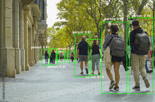YOLO or You Only Look Once algorithm concept. AI algorithm identifying multiple individuals walking on a city street, displaying bounding boxes and confidence scores around each detected person for