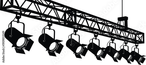 Silhouettes of eight stage spotlights mounted on truss structure with barn doors for theater, concert, and studio design themes