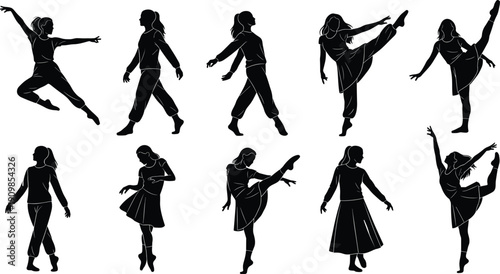 Set of ten dancer silhouettes in dynamic poses including leaps, turns, and graceful movements for artistic and design themes