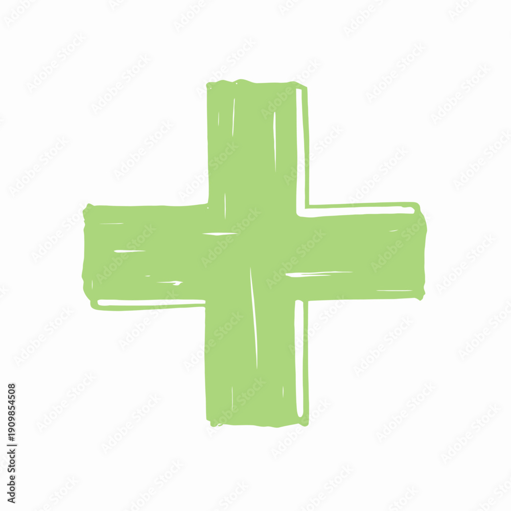 Obraz premium Green Hand-Drawn Cross Sign on White Background Illustrating a Minimalistic and Artistic Symbol of Healthcare and Medical Assistance