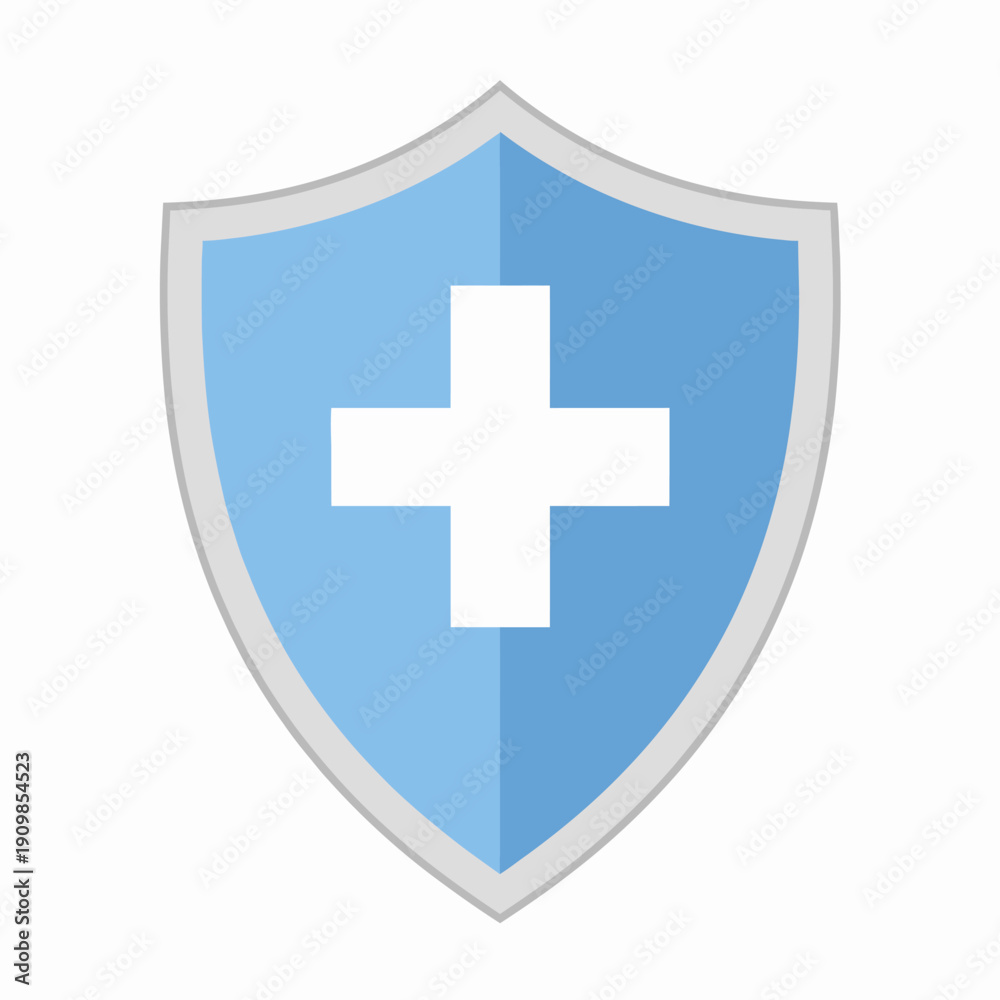 Fototapeta premium Illustration of a Blue Shield Emblem with a Central White Cross Symbolizing Protection, Safety, and Security in a Minimalistic Design