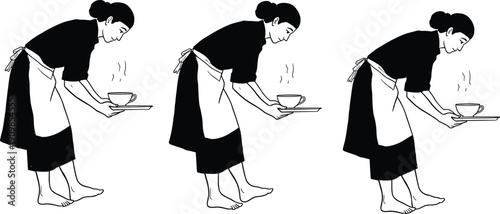 Silhouettes of person in apron holding tray with steaming cup repeated three times for hospitality and service design themes