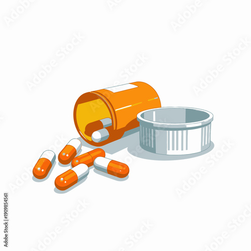 Illustration of Prescription Medication Bottle with Orange and White Capsules Spilled on Surface Highlighting Pharmaceutical and Healthcare Theme