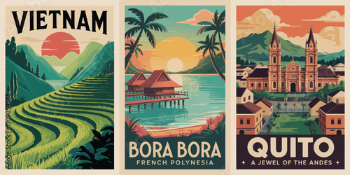 Vietnam travel poster, scenic sunset over lush greenery with bold black VIETNAM typography above
