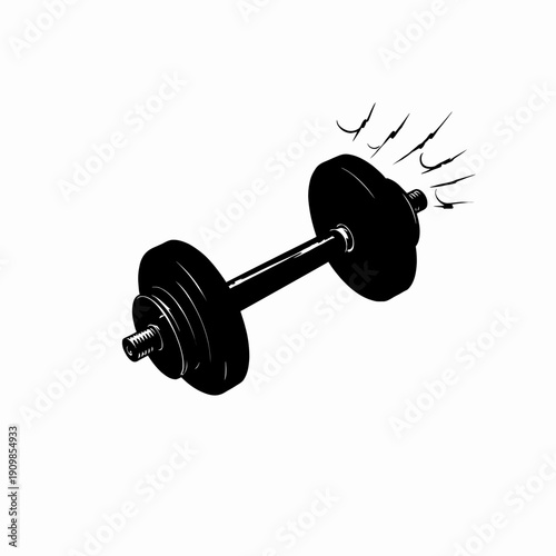 Illustrative depiction of a single dumbbell surrounded by artistic motion lines highlighting fitness and dynamic energy in a bold black silhouette style