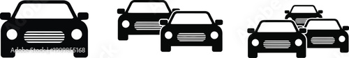Set of black car icons viewed from the front, showing one car, two cars, and three cars in a queue.