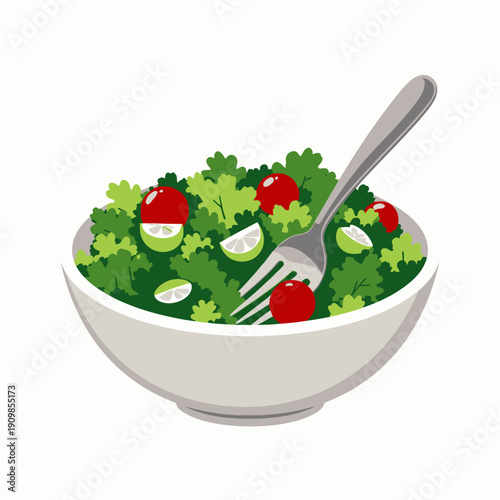 Healthy Fresh Green Salad Bowl with Leafy Greens, Cherry Tomatoes, Cucumber Slices, and a Fork for a Nutritious Meal Option