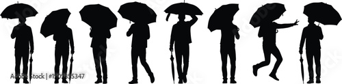 Set of eight silhouettes of people holding umbrellas in varied poses for lifestyle, fashion, and design themes