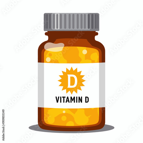 Illustration of a Brown Vitamin D Bottle with White Label Featuring a Sunburst Design, Highlighting Essential Supplement for Bone and Immune Health