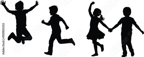 Silhouettes of four children in playful poses including jumping, running, dancing, and holding hands for childhood and design themes