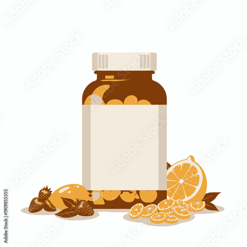 Illustration of a Bottle of Vitamin C Gummies with Fresh Citrus and Strawberries on a White Background for Health and Wellness Concepts