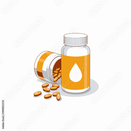 Illustration of Two Bottles of Pills with Bright Orange Labels Featuring a White Drop Symbol on a Clean White Background