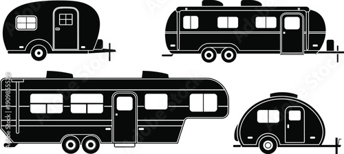 Collection of black camper trailer silhouettes featuring retro and modern recreational vehicles for travel and camping adventure design elements