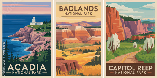 National Park poster, Acadia, Badlands, and Capitol National Parks with white capital text at bottom