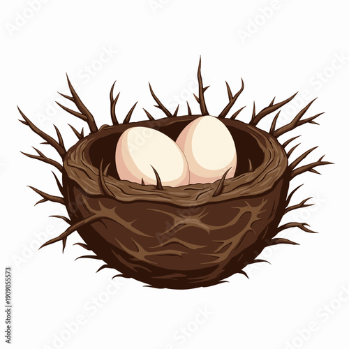 Illustration of a Bird's Nest with Two Eggs Resting Inside, Surrounded by Branches on a Clean White Background