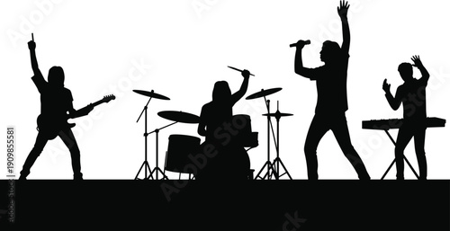 Silhouette of rock music band performing on stage with guitarist drummer singer and keyboard player for concert event poster design